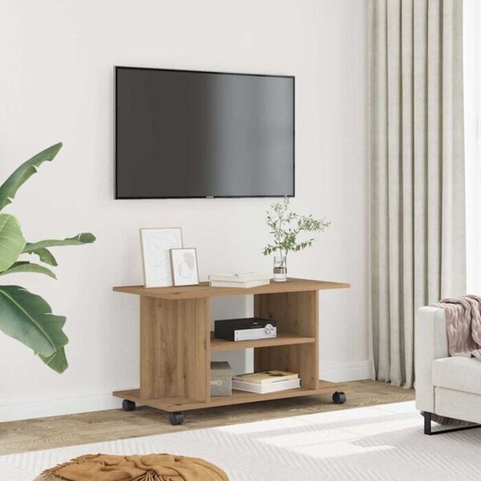 Meuble TV sur roulettes chêne artisanal - Jusqu'à -34% sur votre retour