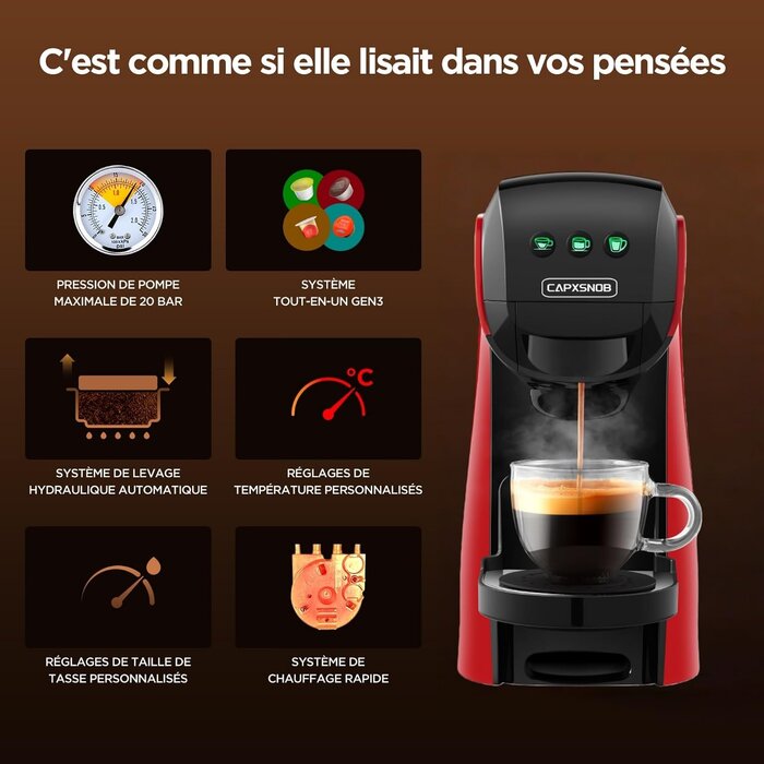 Machine à café 5-en-1 compacte 20 bars, rouge - Jusqu'à -35% en outlet