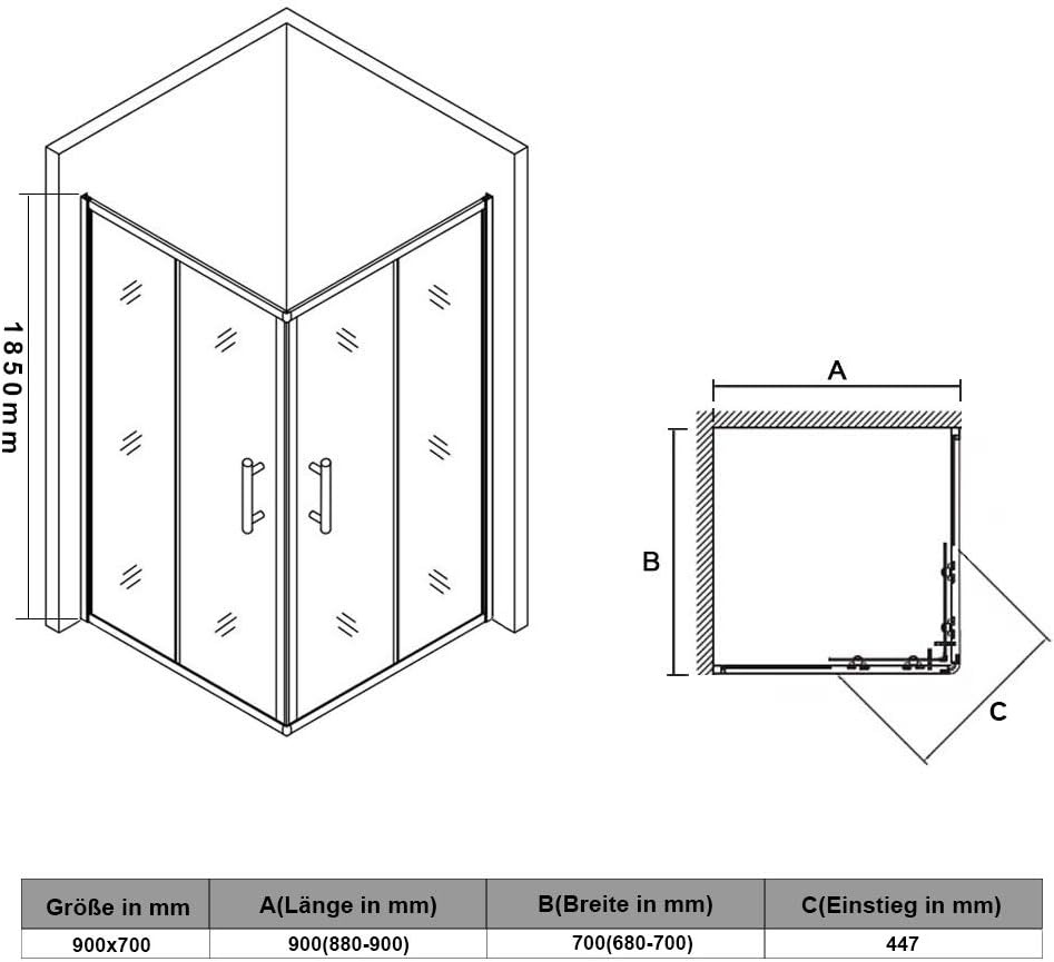 Cabine de douche d'angle 90x70 cm - Verre trempé - Jusqu'à 30% de remise