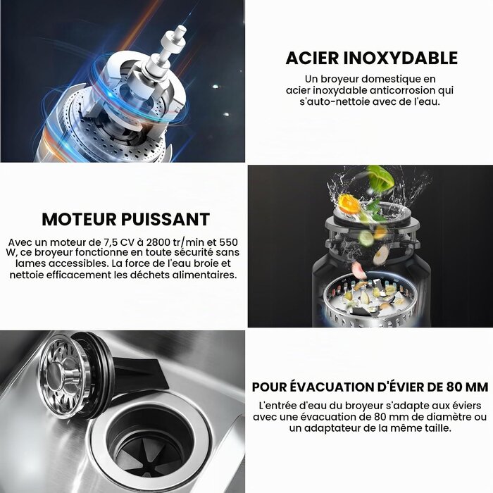 Broyeur de déchets d'évier puissant - Acier inox - Jusqu'à -35%