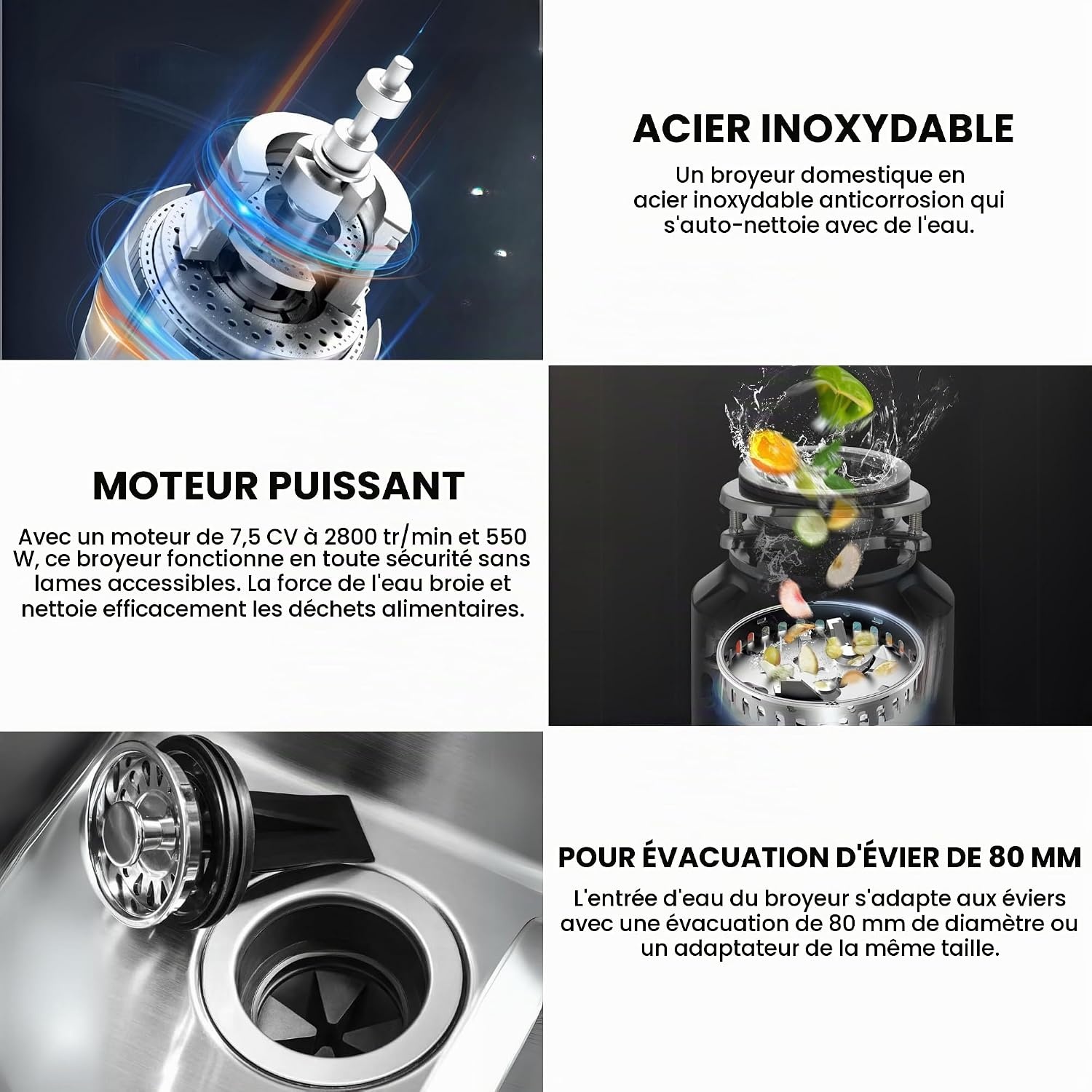 Broyeur de déchets d'évier puissant - Acier inox - Jusqu'à -35%