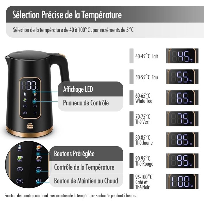 Bouilloire électrique 1,7 L - 2200 W - Température réglable - Jusqu'à -31%