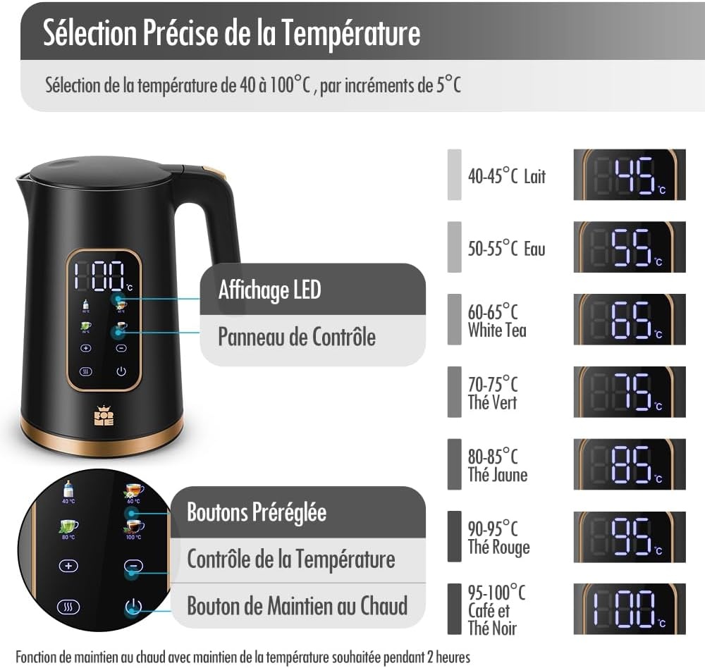 Bouilloire électrique 1,7 L - 2200 W - Température réglable - Jusqu'à -31%