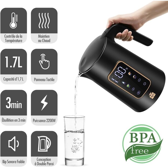 Bouilloire électrique 1,7 L - 2200 W - Température réglable - Jusqu'à -31%