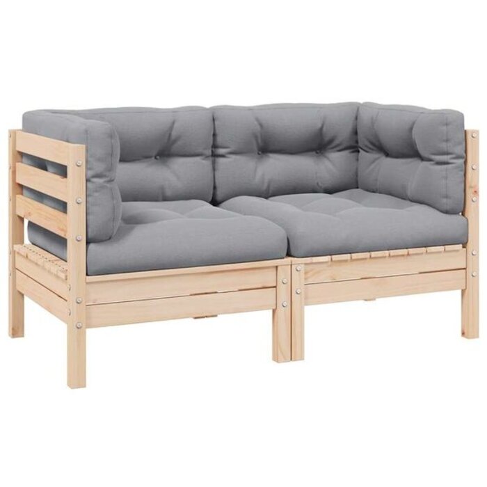 Banc de jardin 2 places en pin massif avec coussins gris - Jusqu'à -35%