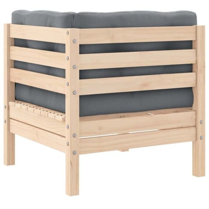 Banc de jardin 2 places en pin massif avec coussins gris - Jusqu'à -35%