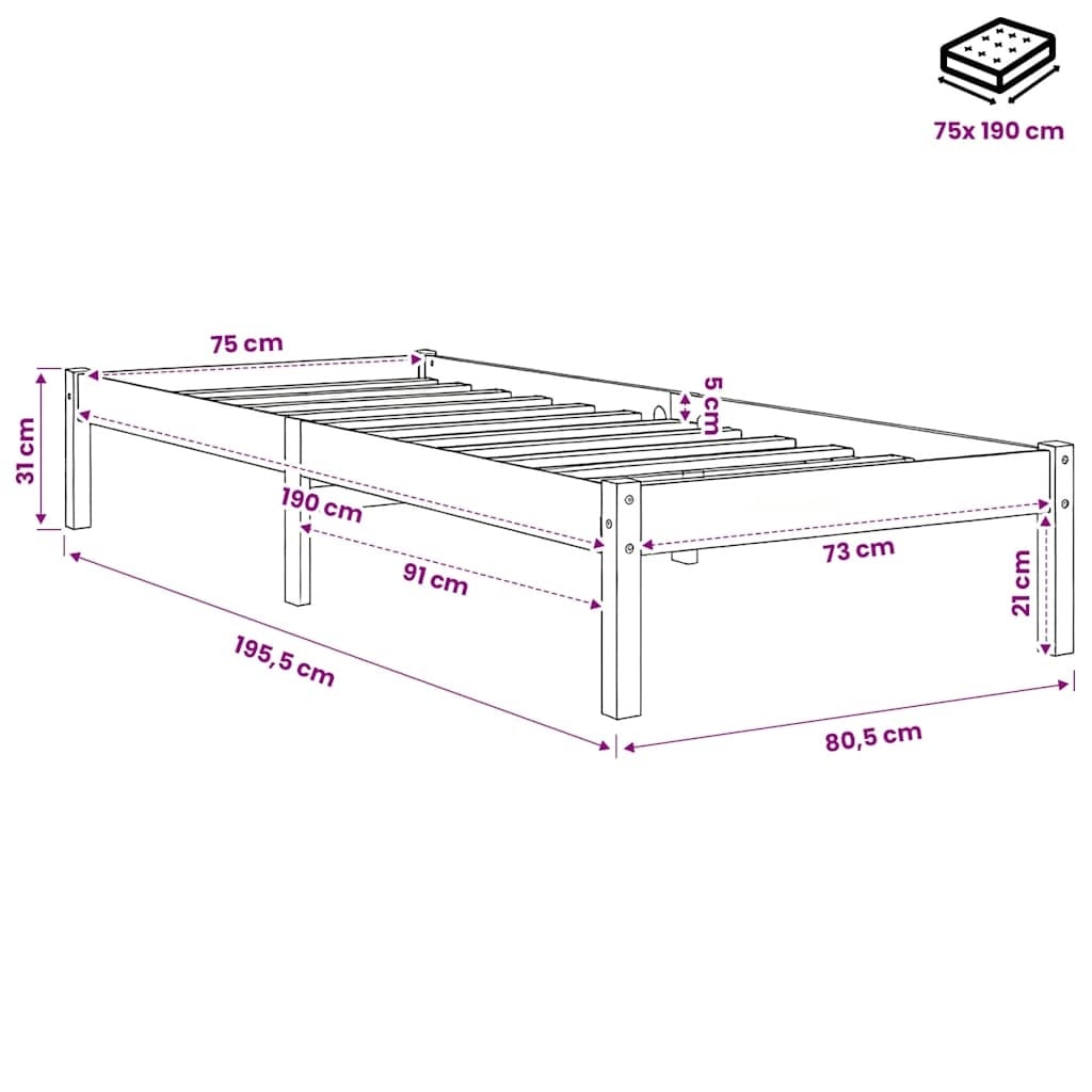 Vidaxl Cadre de lit en pin massif 75x190cm - Jusqu'à -34% sur votre couchage
