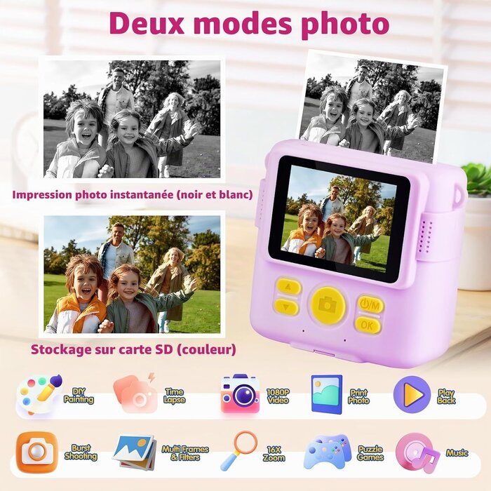 Appareil photo instantané enfant 1080p, carte 32 Go - Jusqu'à -33%
