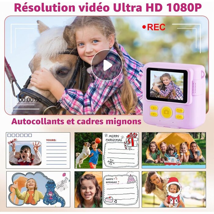 Appareil photo instantané enfant 1080p, carte 32 Go - Jusqu'à -33%