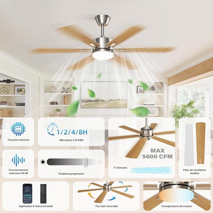 Ventilateur de plafond 132 cm silencieux - Jusqu'à 34 % de remise