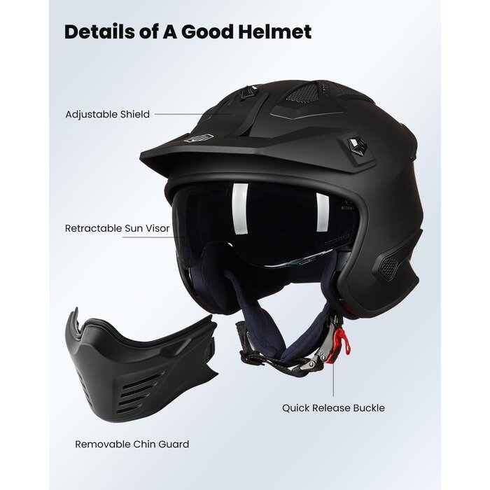 Casque Moto Jet Modulable - Noir Mat - Jusqu'à 46% de remise