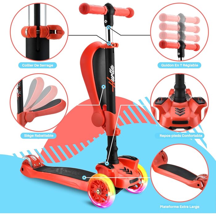 Trottinette 3 roues évolutive avec siège et LED - Jusqu'à -33%