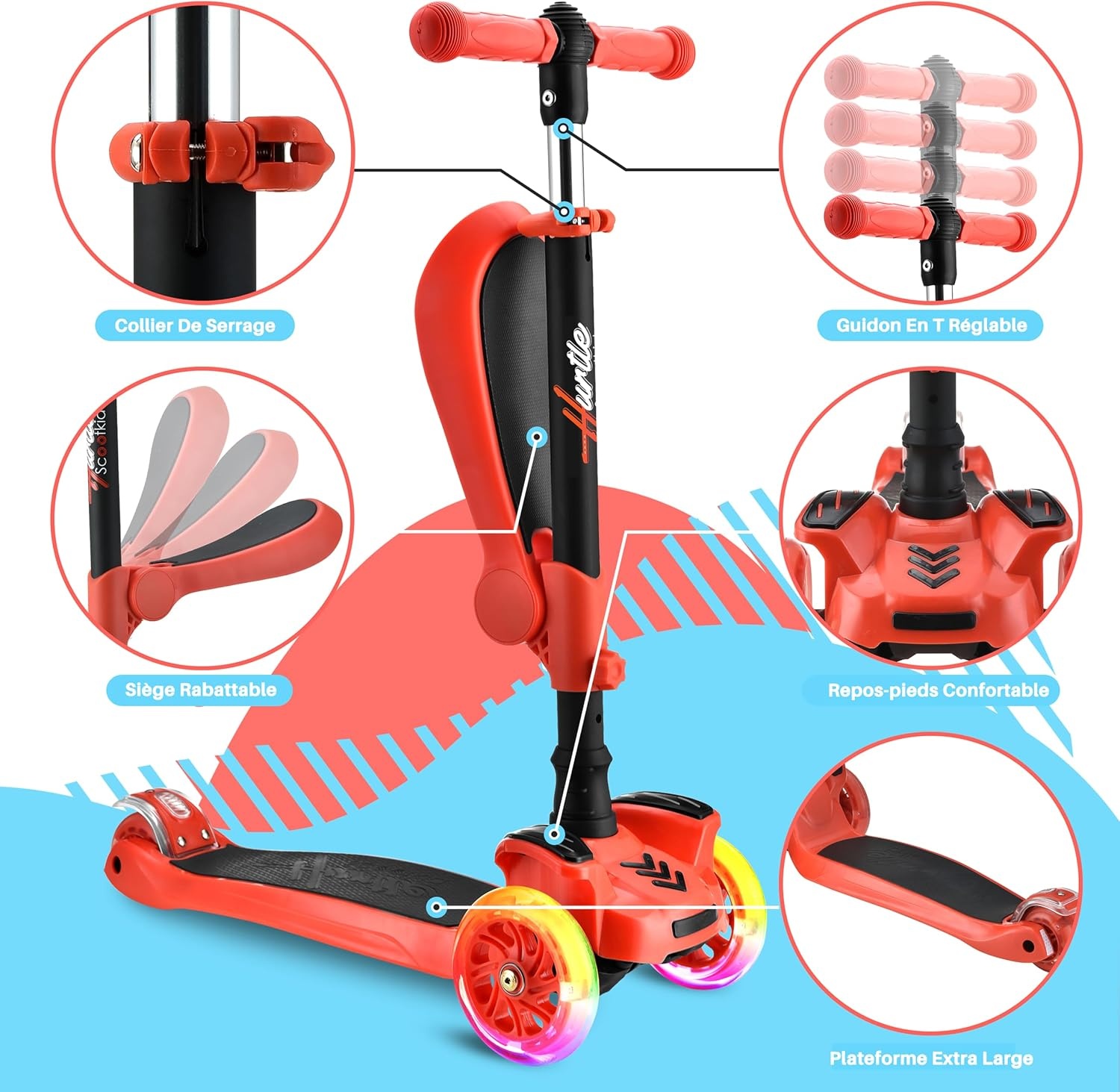 Trottinette 3 roues évolutive avec siège et LED - Jusqu'à -33%