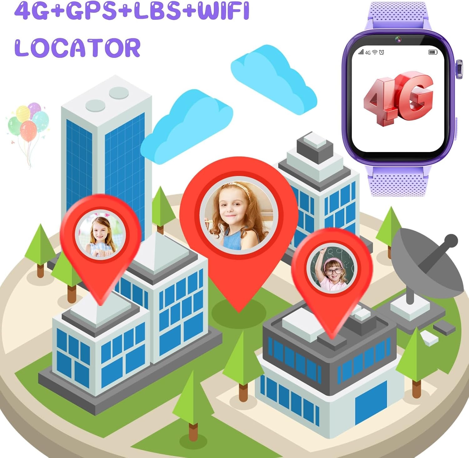 Montre Connectée 4G pour Enfants avec GPS - Lila - Jusqu'à 34% de remise