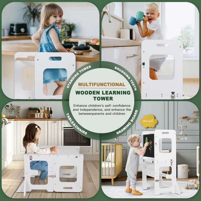 Tour d'apprentissage Montessori 3-en-1 pliable - Blanc - Jusqu'à 34% de remise