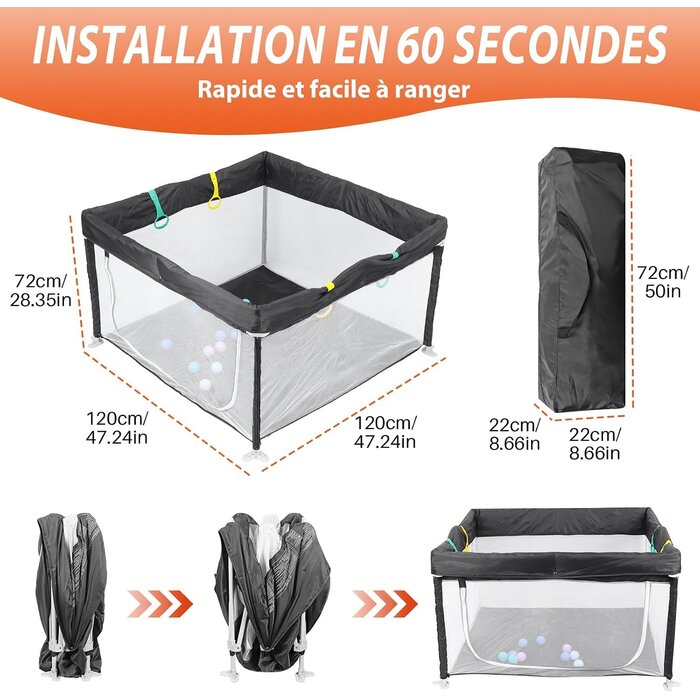 Parc bébé pliable 120x120cm - Gris - Jusqu'à 33% de réduction