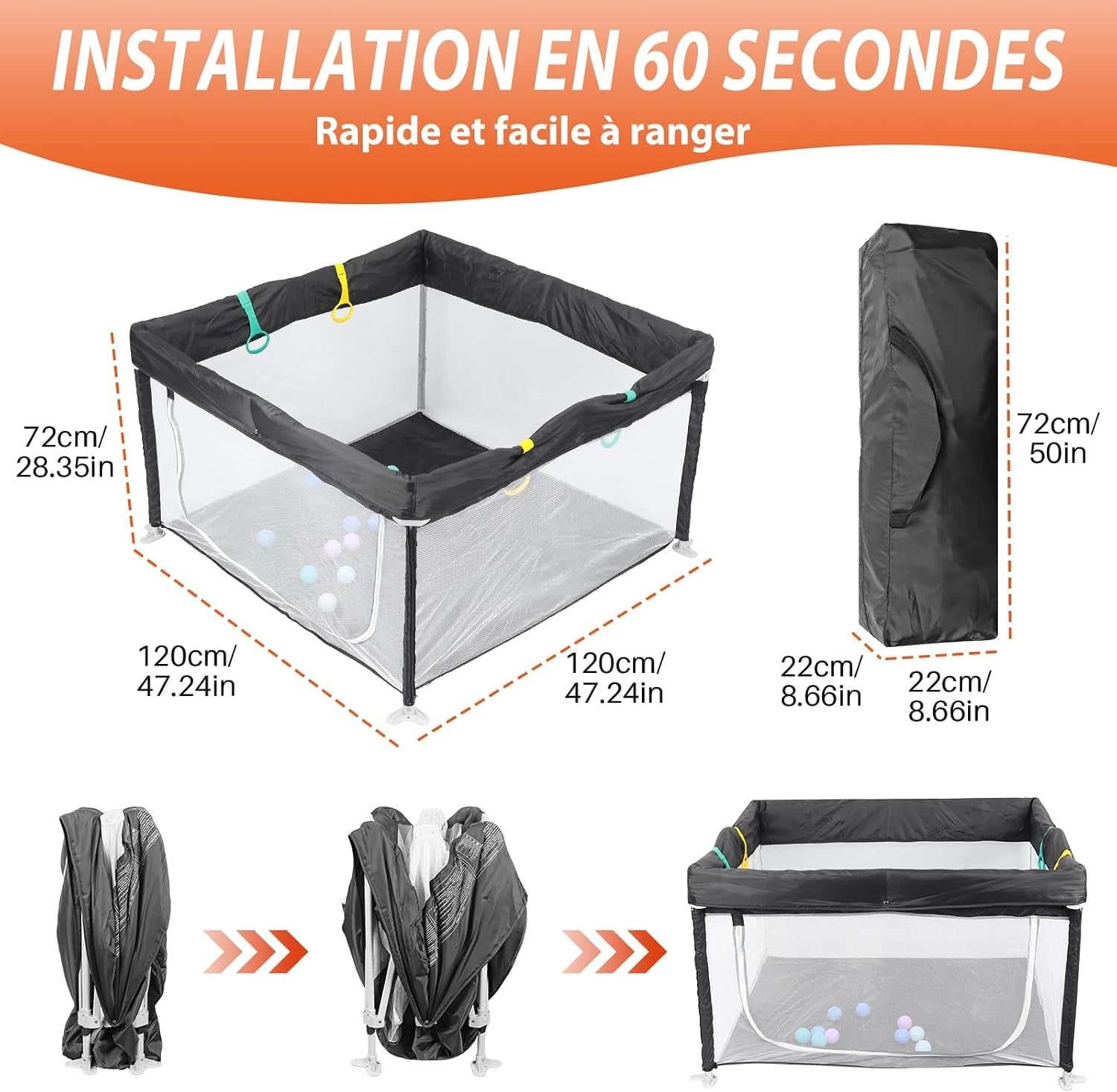 Parc bébé pliable 120x120cm - Gris - Jusqu'à 33% de réduction