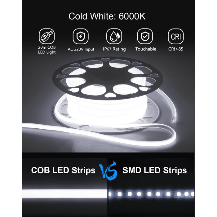 Ruban LED COB 20m Blanc Froid 230V IP67 - Jusqu'à -33% sur vos projets