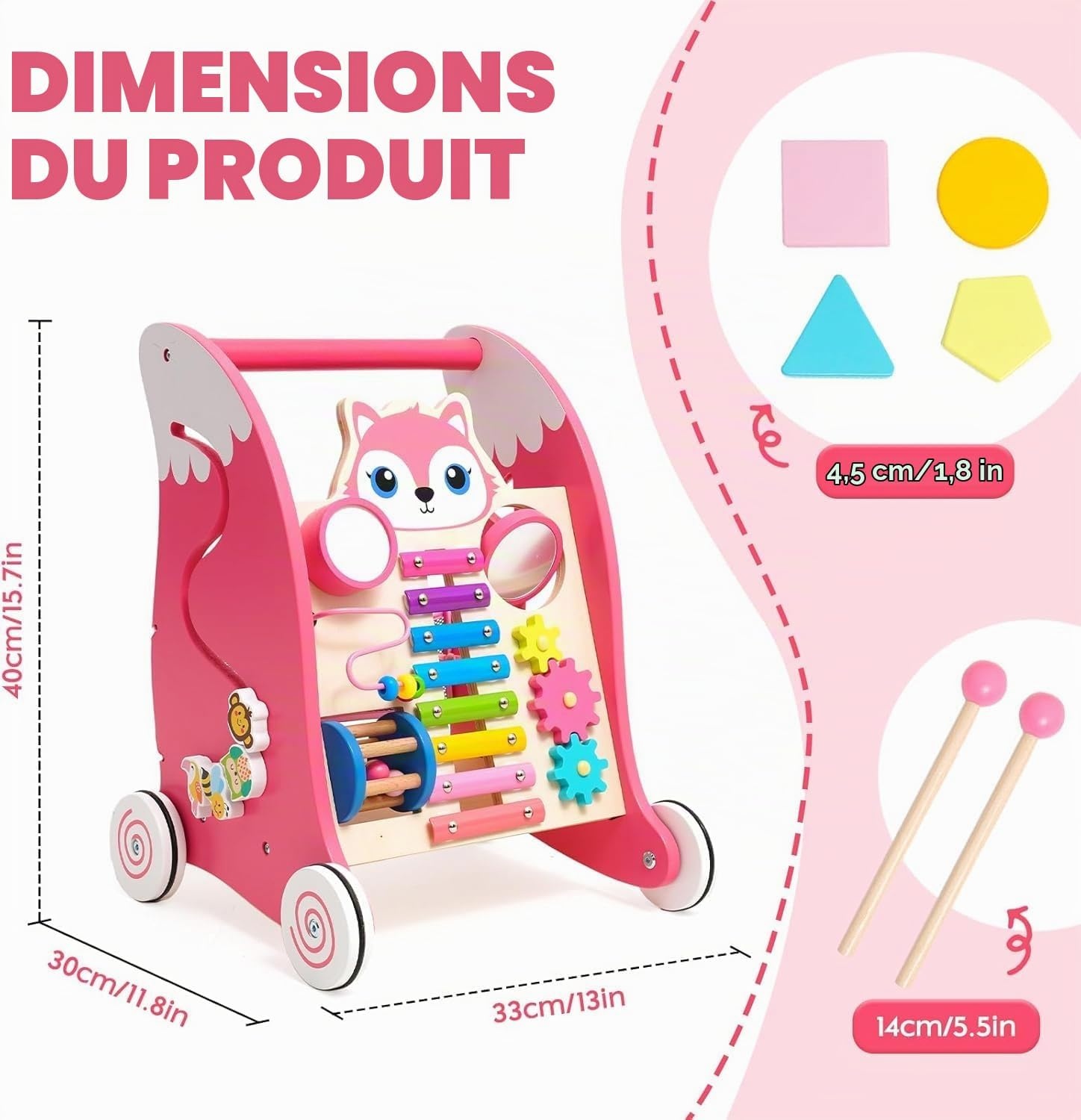 Chariot de marche en bois avec activités Renard - Jusqu'à -33% sur l'outlet
