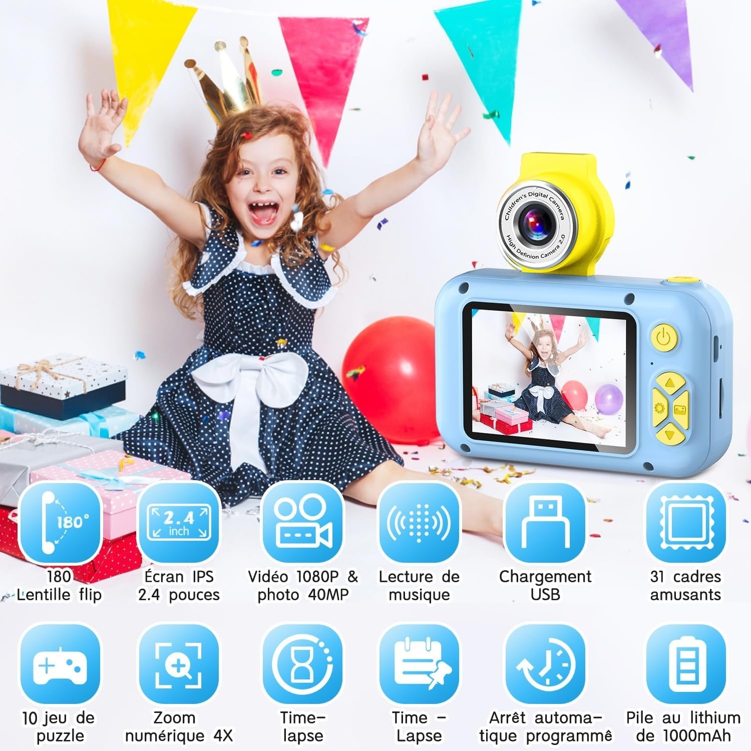 Appareil photo numérique pour enfants, objectif 180° - Jusqu'à 31% de remise