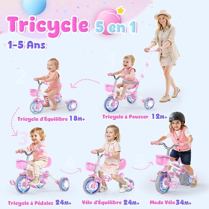 Tricycle évolutif 5-en-1 rose - Jusqu'à -33%