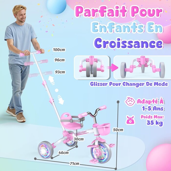 Tricycle évolutif 5-en-1 rose - Jusqu'à -33%