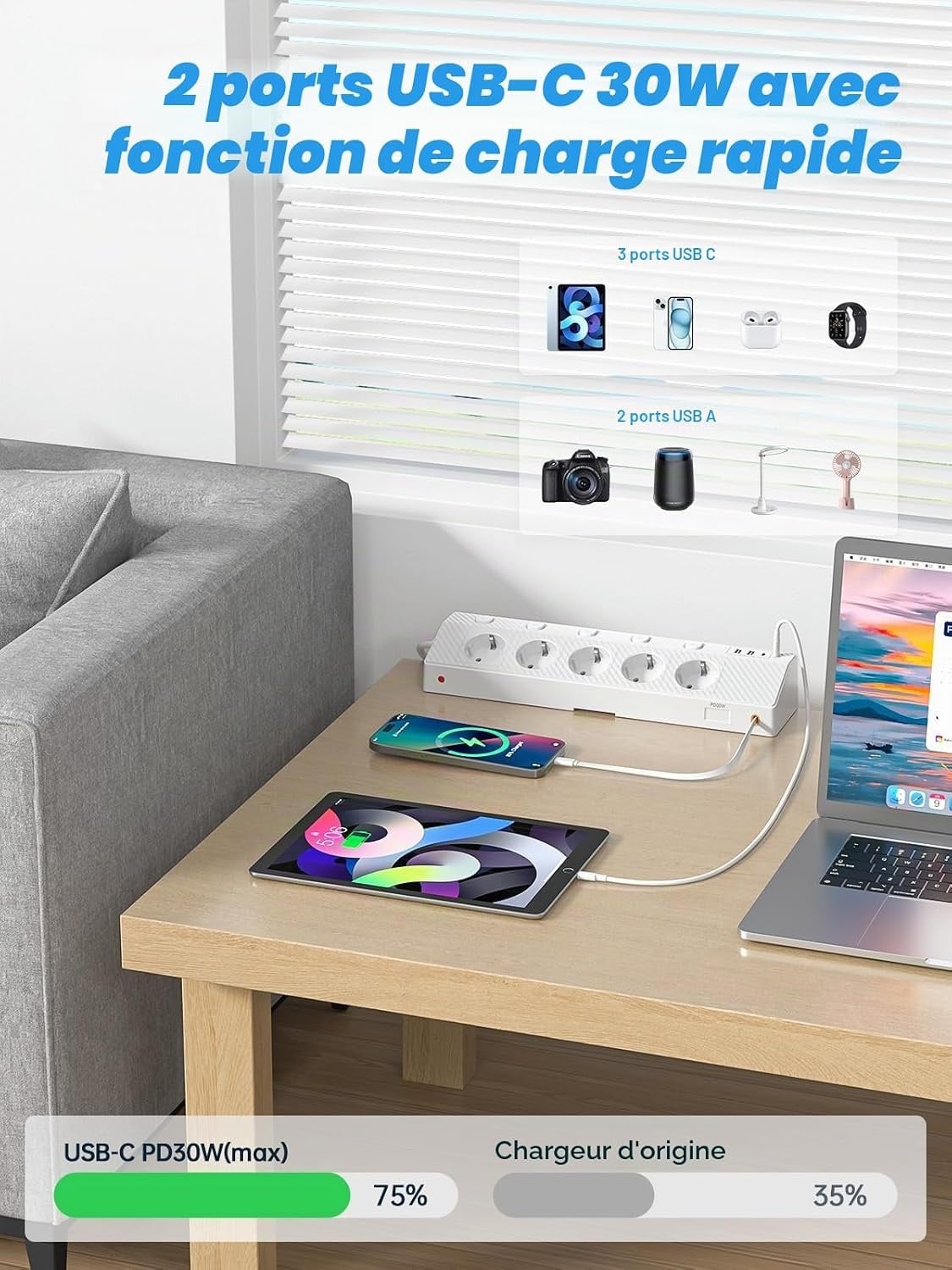 Bloc multiprise d'angle USB-C 30W - Jusqu'à -31% sur votre espace de travail