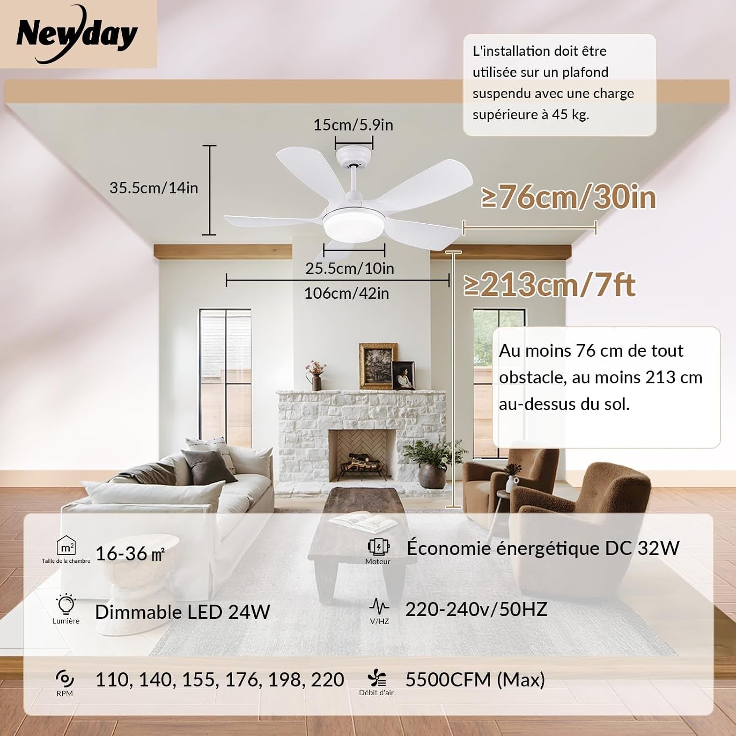 Ventilateur plafond LED 106 cm silencieux - Jusqu'à -35% sur votre confort