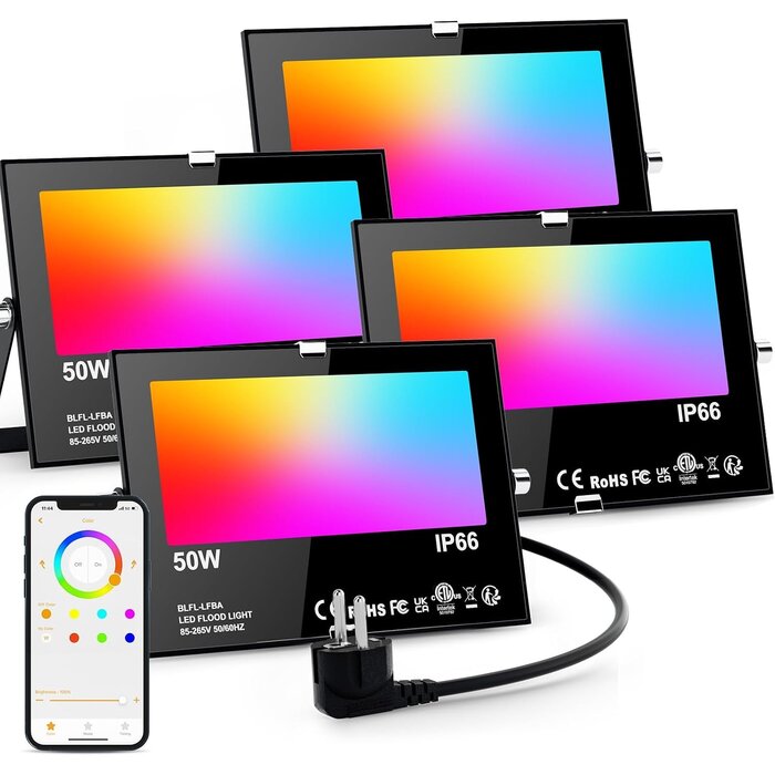 Lot de 4 projecteurs LED 50W RGB connectés - Étanches IP66 - Jusqu'à 34% de remise