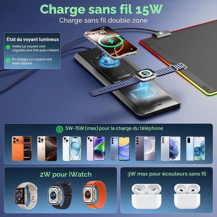 Tapis de souris Gaming RGB + Chargeur sans fil - Jusqu'à 33% de réduction