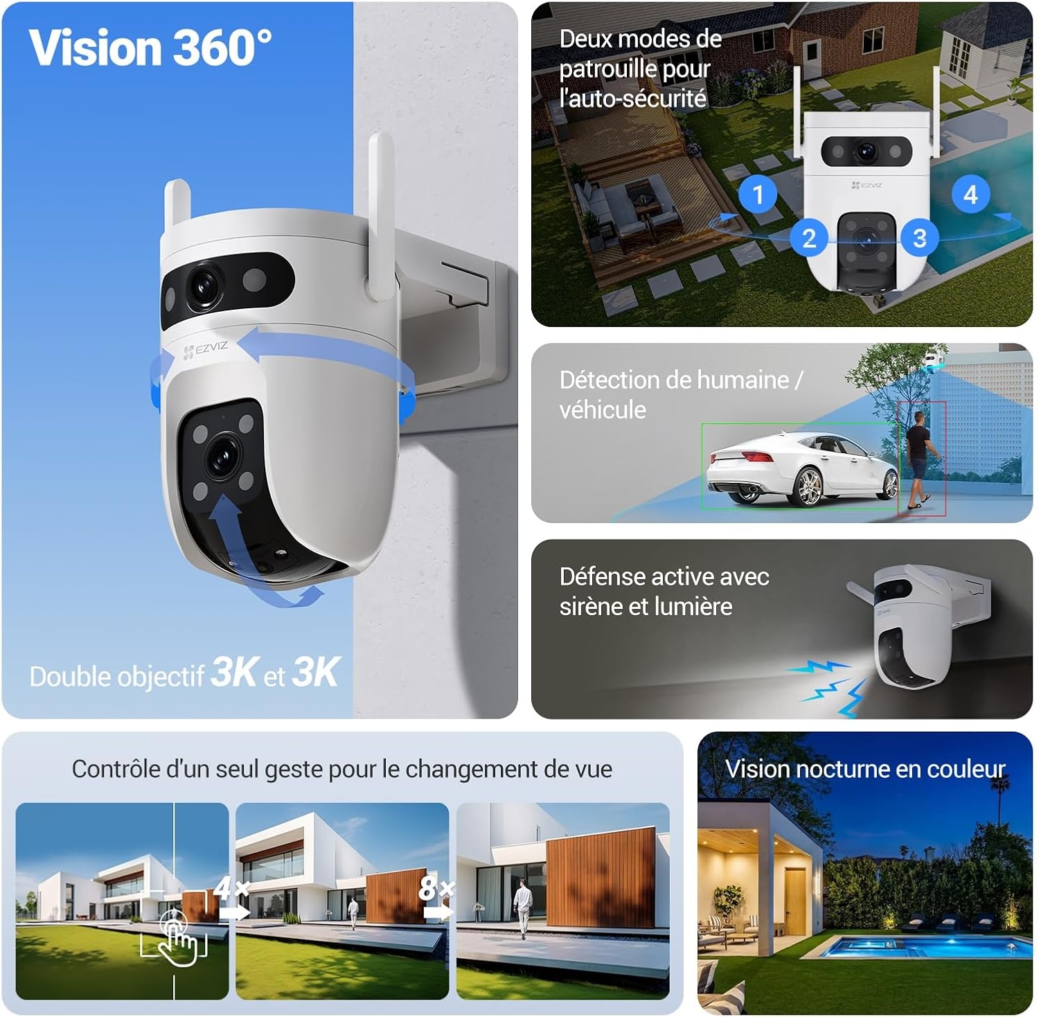 Caméra de surveillance 3K+3K, suivi IA, IP65 - Jusqu'à 34% de remise