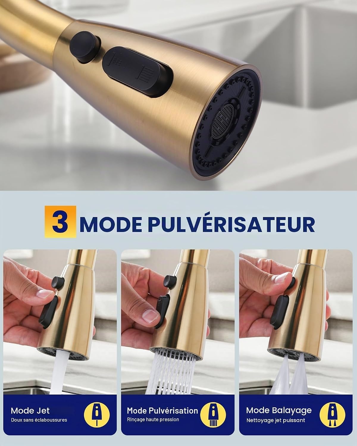 Mitigeur de cuisine extractible doré - Rotation 360° - Jusqu'à 34% de remise