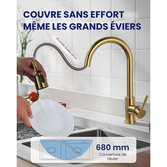 Mitigeur de cuisine extractible doré - Rotation 360° - Jusqu'à 34% de remise