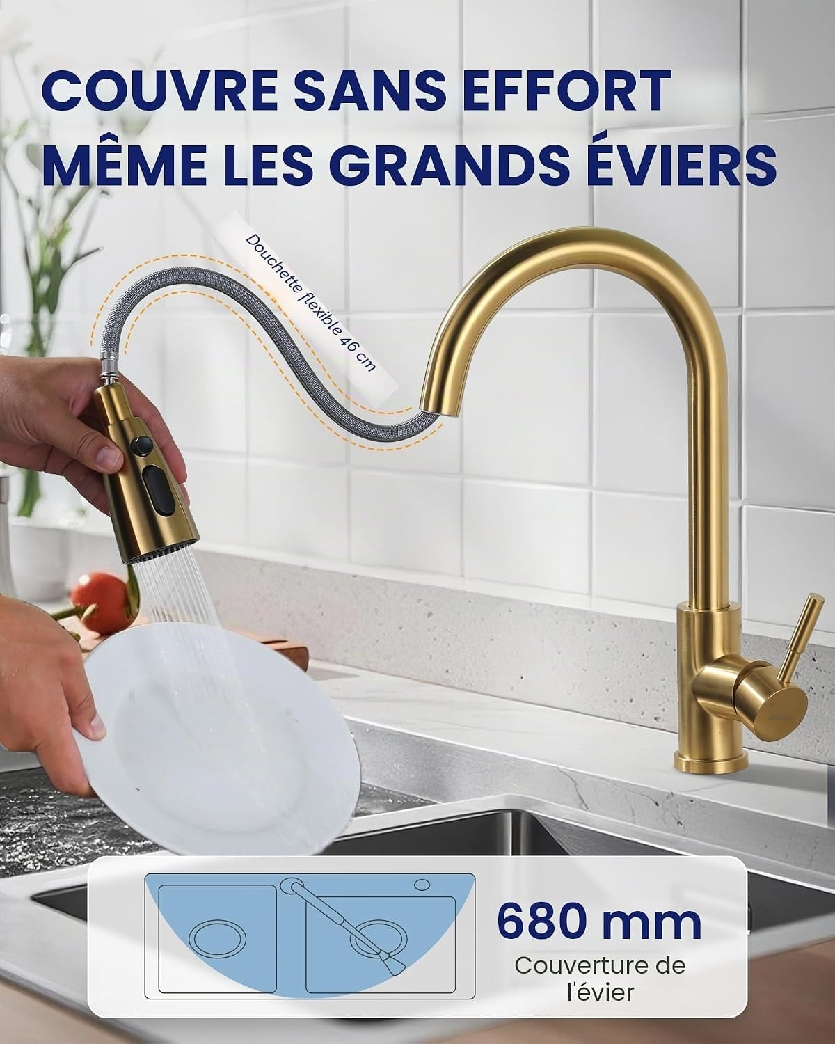 Mitigeur de cuisine extractible doré - Rotation 360° - Jusqu'à 34% de remise