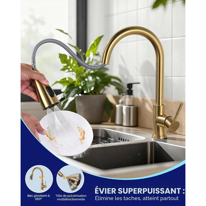 Mitigeur de cuisine extractible doré - Rotation 360° - Jusqu'à 34% de remise