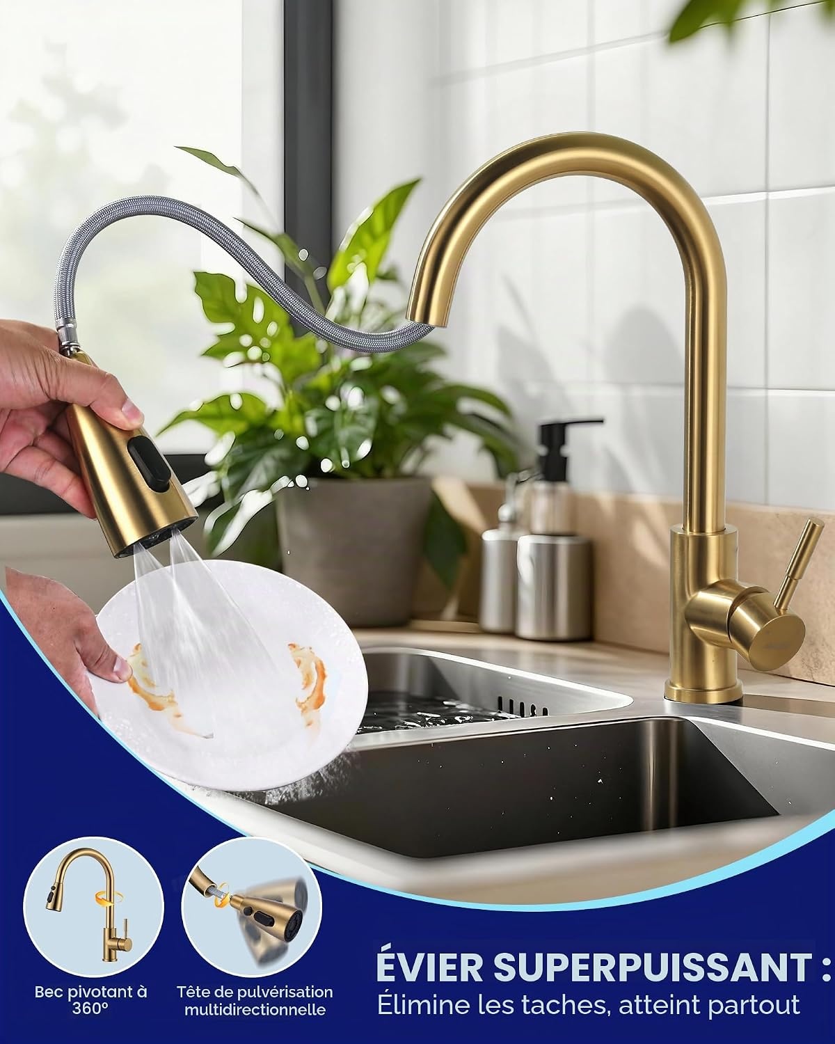 Mitigeur de cuisine extractible doré - Rotation 360° - Jusqu'à 34% de remise