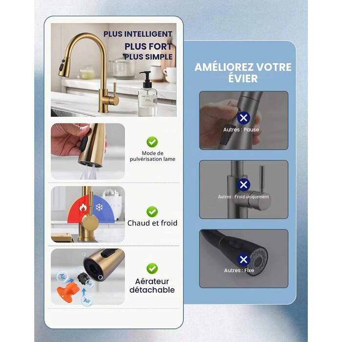 Mitigeur de cuisine extractible doré - Rotation 360° - Jusqu'à 34% de remise