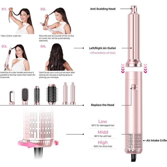 Brosse soufflante 6-en-1 rose : Coiffure pro jusqu'à -33%