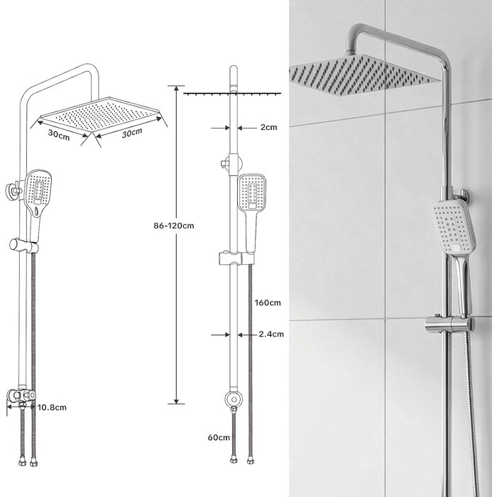 Système de douche effet pluie 30x30 cm réglable - Jusqu'à -34%