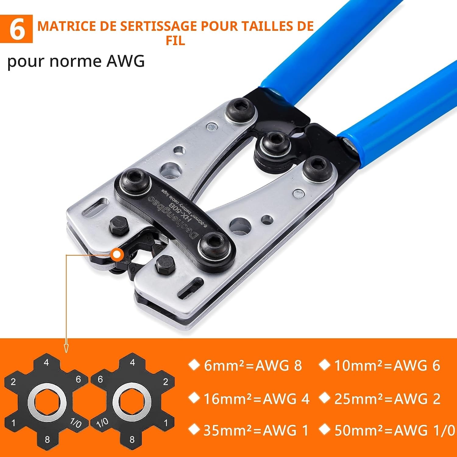 Pince à sertir pour cosses 6-50 mm² + 60 cosses - Jusqu'à -32% sur l'outlet