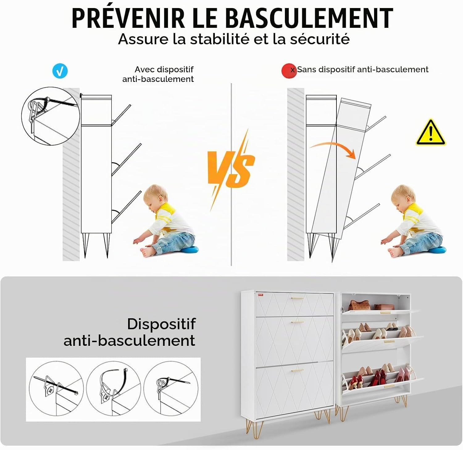 Meuble à chaussures 3 abattants blanc - Jusqu'à -45% sur l'outlet