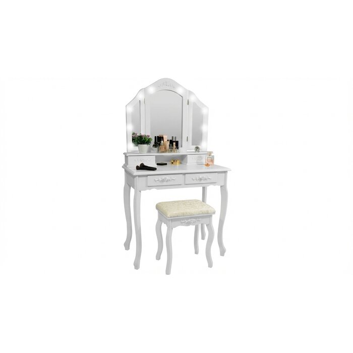 Coiffeuse avec miroir LED et tabouret - Blanc - Jusqu'à -39%