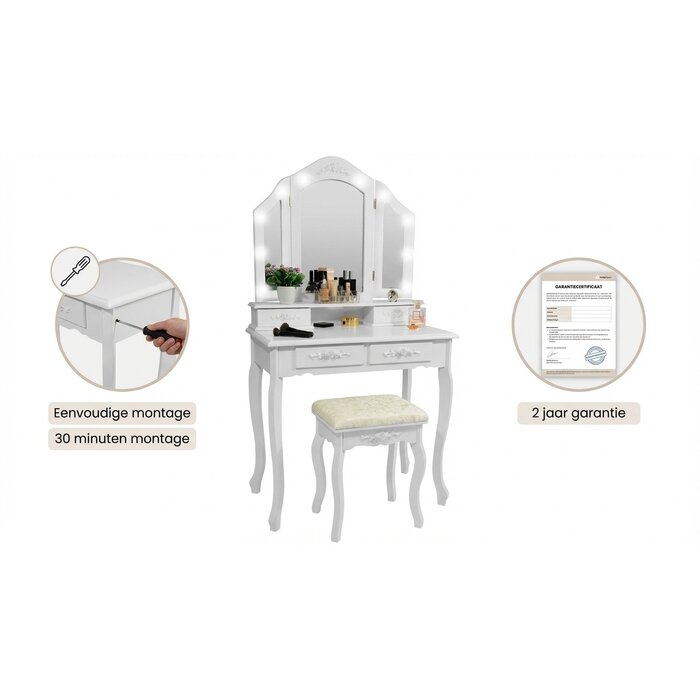 Coiffeuse avec miroir LED et tabouret - Blanc - Jusqu'à -39%