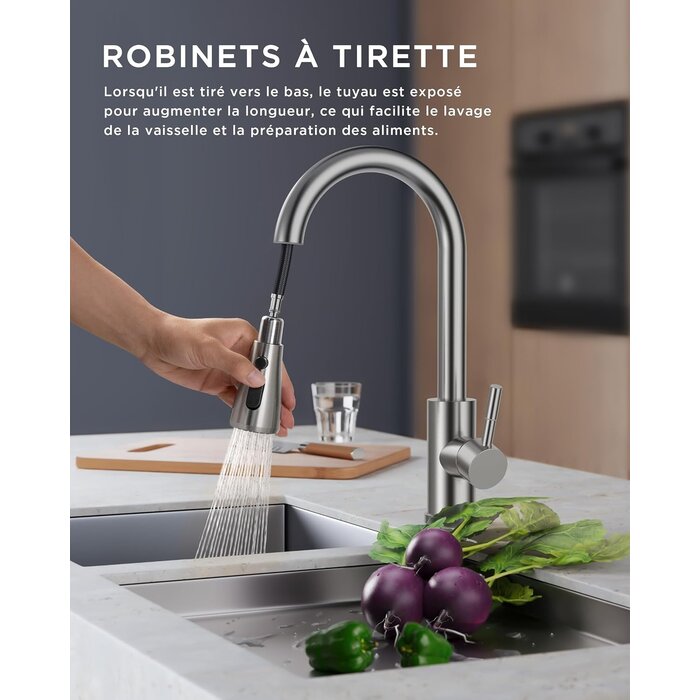 Robinet de cuisine haut avec douchette - Acier Inox - Jusqu'à -33%