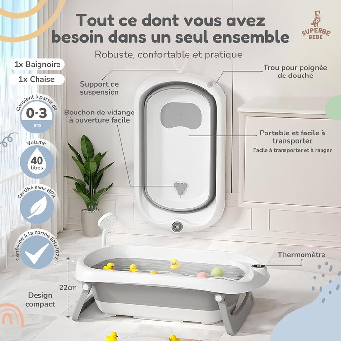 Baignoire bébé pliable grise avec thermomètre - Jusqu'à -29%