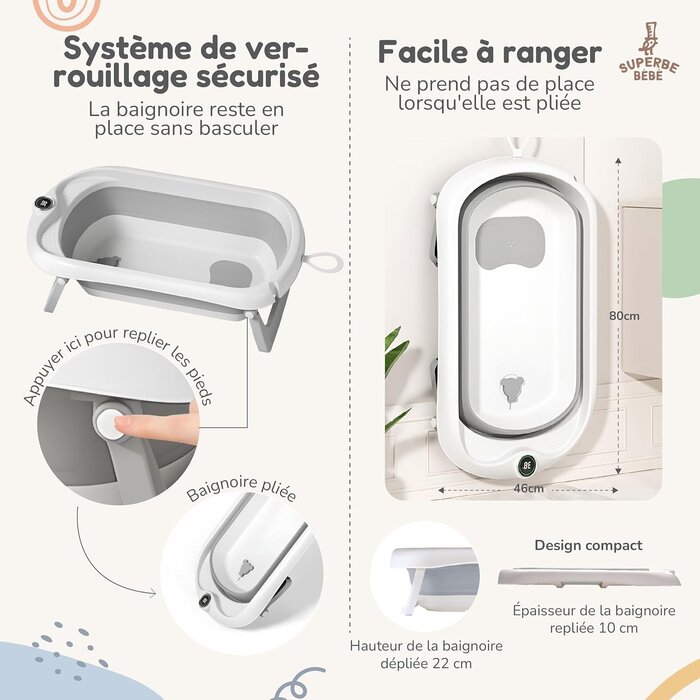 Baignoire bébé pliable grise avec thermomètre - Jusqu'à -29%