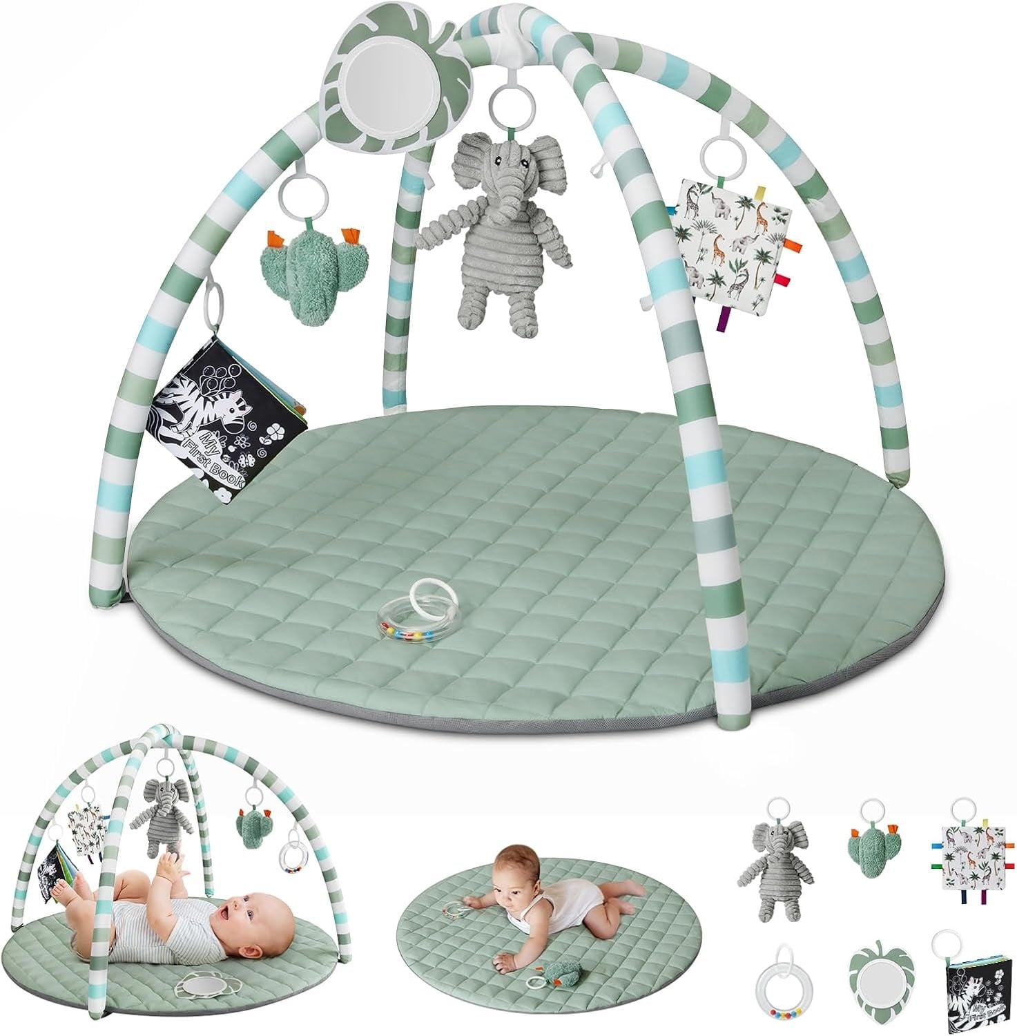 Tapis d'éveil bébé avec arche et 6 jouets - Vert sauge - Jusqu'à 33% de remise