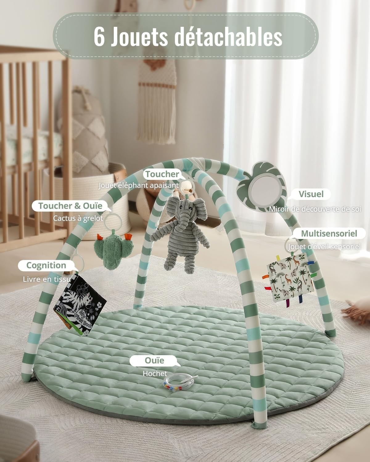 Tapis d'éveil bébé avec arche et 6 jouets - Vert sauge - Jusqu'à 33% de remise