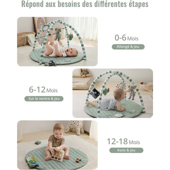 Tapis d'éveil bébé avec arche et 6 jouets - Vert sauge - Jusqu'à 33% de remise