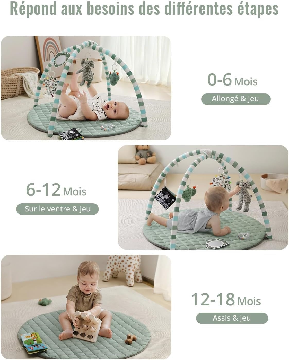 Tapis d'éveil bébé avec arche et 6 jouets - Vert sauge - Jusqu'à 33% de remise